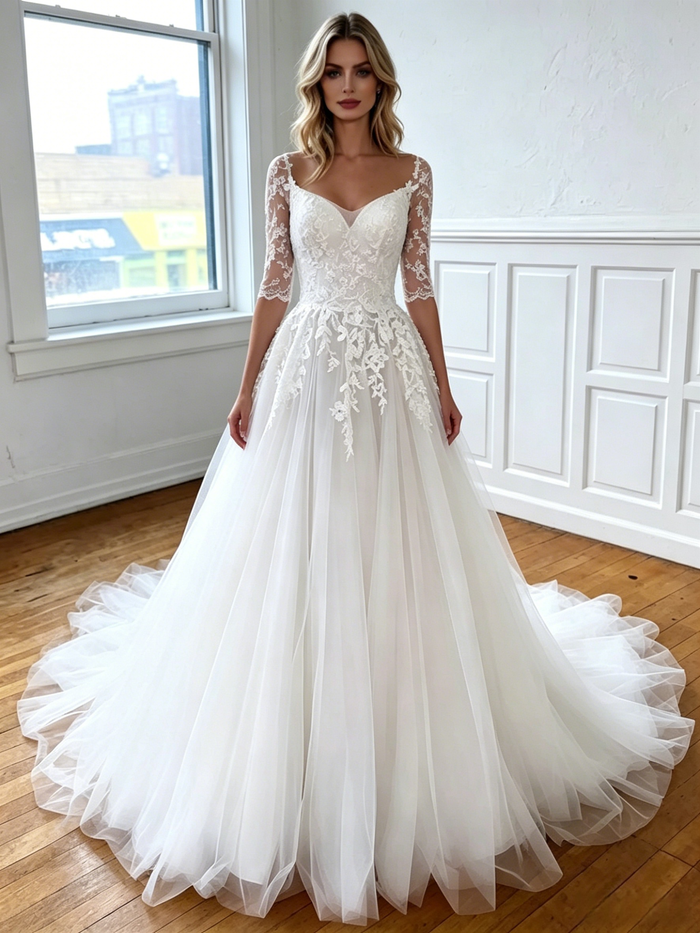 White Tulle Appliques Short Sleeve Wedding Dress