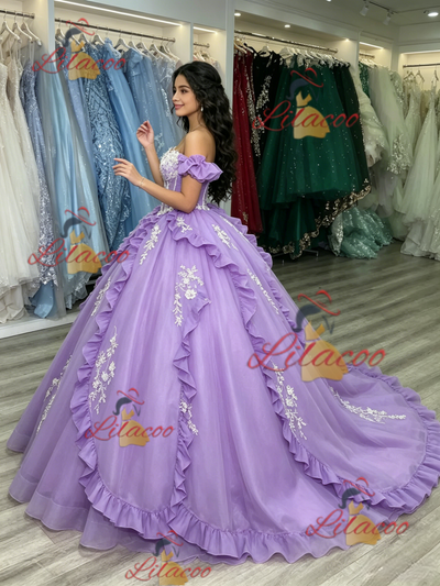 Purple Tulle Off the Shoulder Appliques Quinceanera Dress
