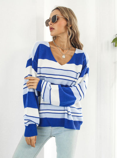 Loose Striped V-neck Long Sleeve Sweater