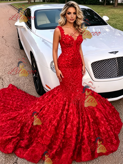 Sexy Red Mermaid Straps Prom Dress