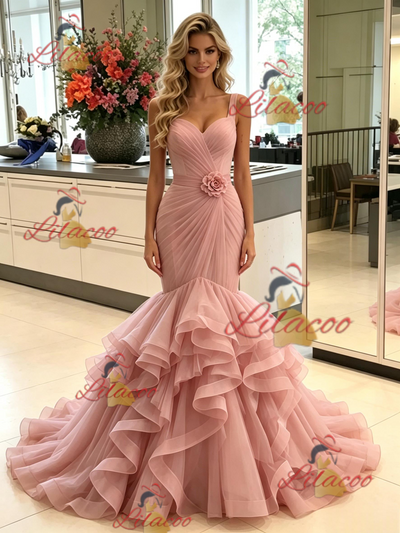 Pink Mermaid Straps Pleats Prom Dress