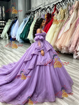 Purple Tulle Straps Long Sleeve Quinceanera Dress