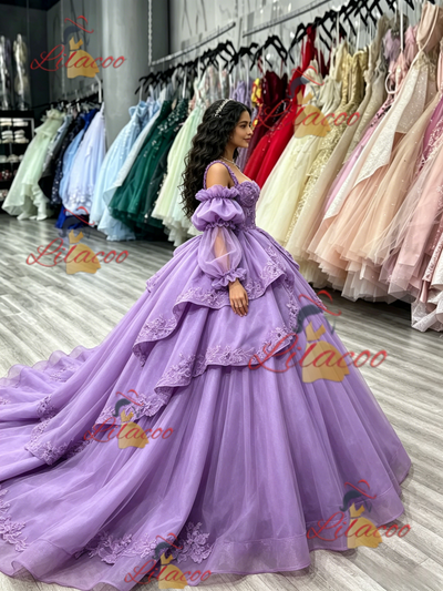 Purple Tulle Straps Long Sleeve Quinceanera Dress