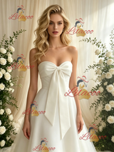 White Tulle Strapless Bow Wedding Dress