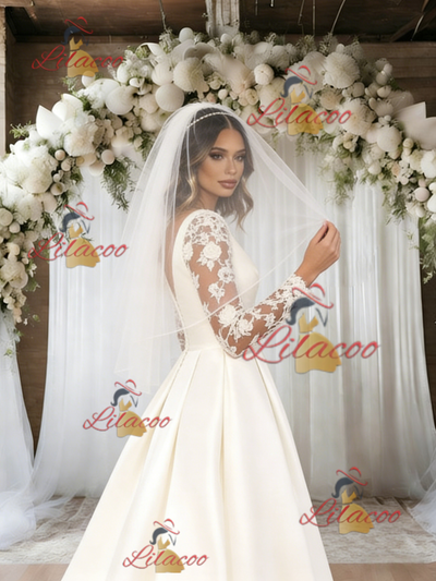 White Satin Long Sleeve V-neck Wedding Dress