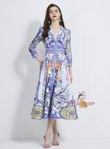 Retro V-neck Printed Long Sleeve Dress