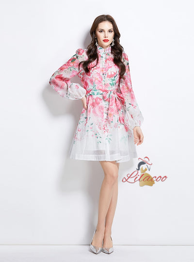 Flower Print Short Long Sleeve Dress