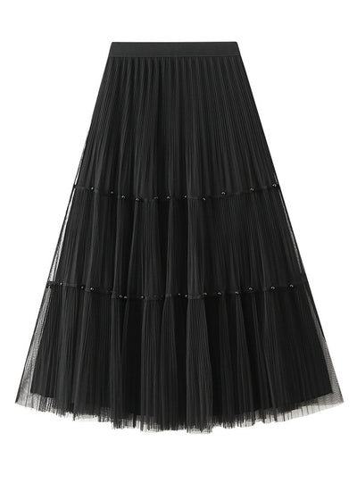 High Waist Pleated Beaded Gauze Skirt On both Sides
