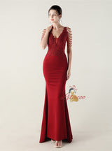 Mermaid V-neck Lace Beading Prom Dress