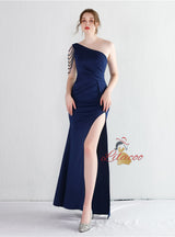 One Shoulder Split Beading Prom Dress