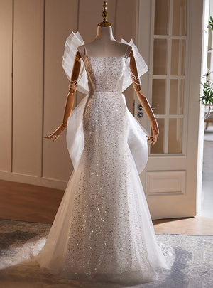 White Mermaid Sequins Straps Beading Wedding Dress