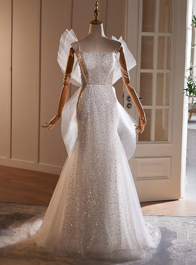 White Mermaid Sequins Straps Beading Wedding Dress
