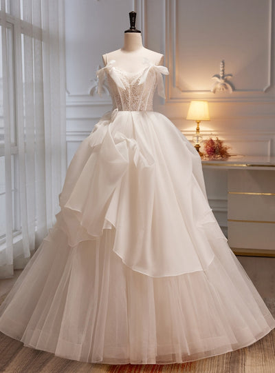 White Tulle Lace Straps Bow Wedding Dress