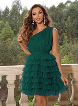 One Shoulder Tulle Tiers Short Party Dress