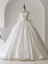 White Tulle Satin Strapless Pleats Wedding Dress