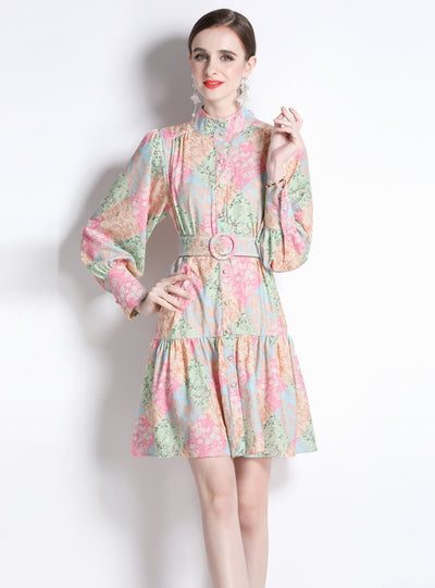 Stitching Printed Long Sleeve Slim Retro Dress