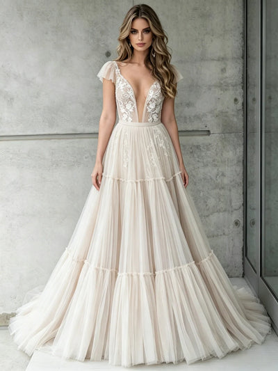 Ivory Tulle Lace V-neck Backless Wedding Dress