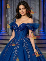 Blue Tulle Off the Shoulder Appliques Quinceanera Dress