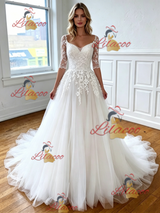 White Tulle Appliques Short Sleeve Wedding Dress