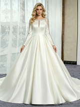 Ivory Satin Long Sleeve Beading Wedding Dress
