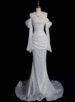 White Mermaid Sequins Long Sleeve Pleats Wedding Dress