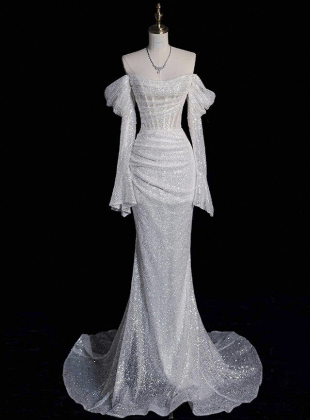 White Mermaid Sequins Long Sleeve Pleats Wedding Dress