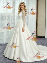 Ivory Satin Long Sleeve Beading Wedding Dress