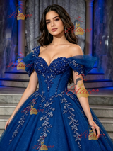 Blue Tulle Off the Shoulder Appliques Quinceanera Dress