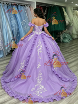 Purple Tulle Off the Shoulder Appliques Quinceanera Dress