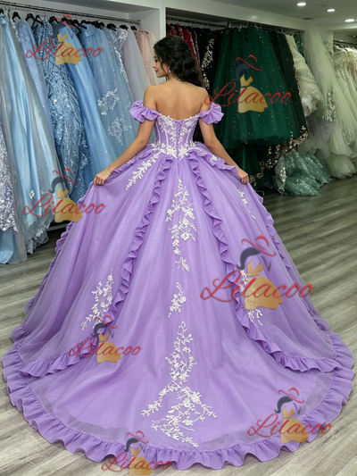 Purple Tulle Off the Shoulder Appliques Quinceanera Dress