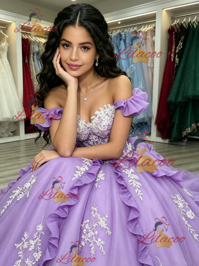 Purple Tulle Off the Shoulder Appliques Quinceanera Dress