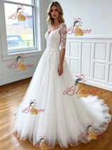 White Tulle Appliques Short Sleeve Wedding Dress