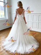 White Tulle Appliques Short Sleeve Wedding Dress