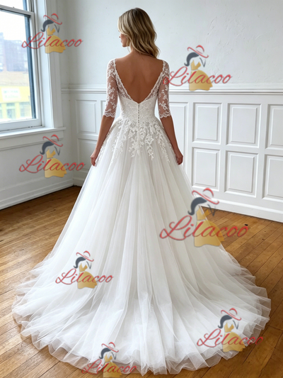 White Tulle Appliques Short Sleeve Wedding Dress