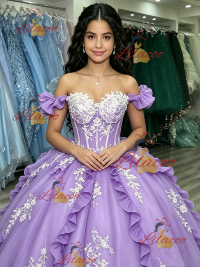 Purple Tulle Off the Shoulder Appliques Quinceanera Dress
