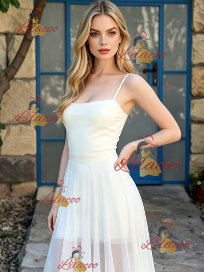 White Chiffon Spaghetti Straps Wedding Dress