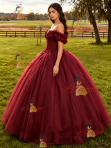 Burgundy Tulle Appliques Quinceanera Dress