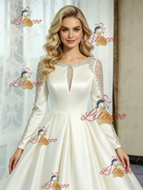 Ivory Satin Long Sleeve Beading Wedding Dress