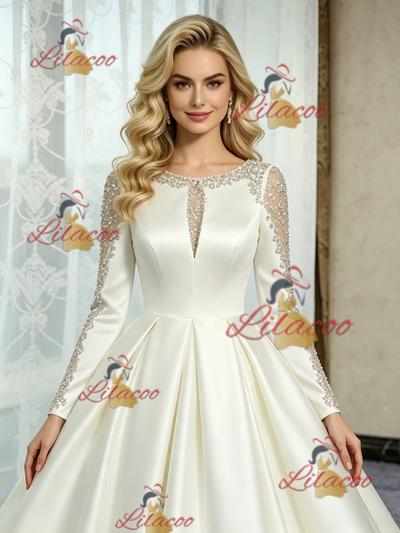 Ivory Satin Long Sleeve Beading Wedding Dress