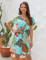 Floral Printed V-neck Short Sleeve Loose Dress