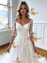 White Tulle Appliques Short Sleeve Wedding Dress