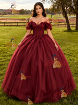 Burgundy Tulle Appliques Quinceanera Dress