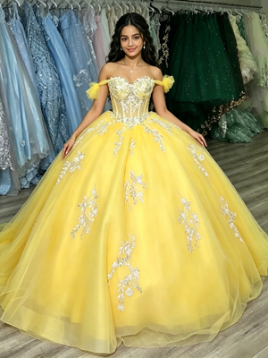 Yellow Tulle Off the Shoulder Appliques Quinceanera Dress