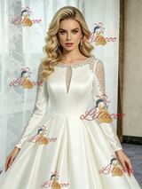 Ivory Satin Long Sleeve Beading Wedding Dress