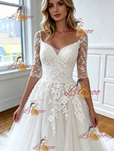 White Tulle Appliques Short Sleeve Wedding Dress