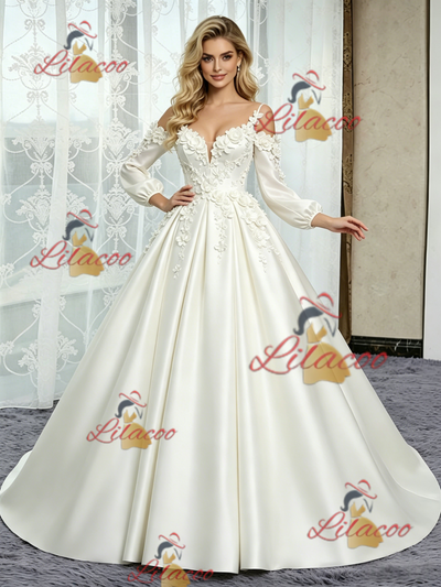 White Satin Short Sleeve Straps Flower Wedding Dress