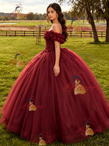 Burgundy Tulle Appliques Quinceanera Dress