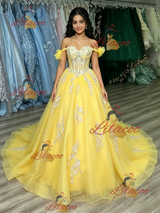 Yellow Tulle Off the Shoulder Appliques Quinceanera Dress