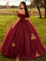 Burgundy Tulle Appliques Quinceanera Dress