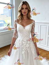 White Tulle Appliques Short Sleeve Wedding Dress